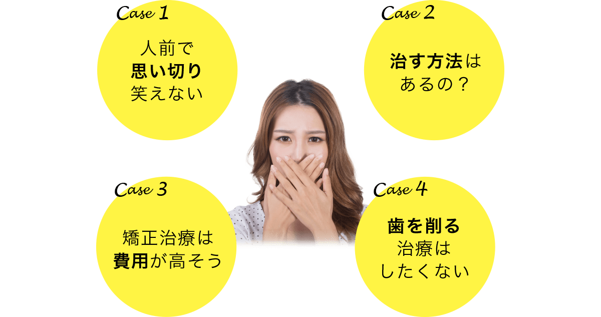 人前で思い切り笑えない・治す方法はあるの？・矯正治療は費用が高そう・歯を削る治療はしたくない